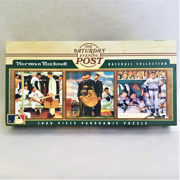 Puzzle box cover featuring 3 Normal Rockwell baseball scenes from The Saturday Evening Post. 1000 Piece Panoramic Puzzle