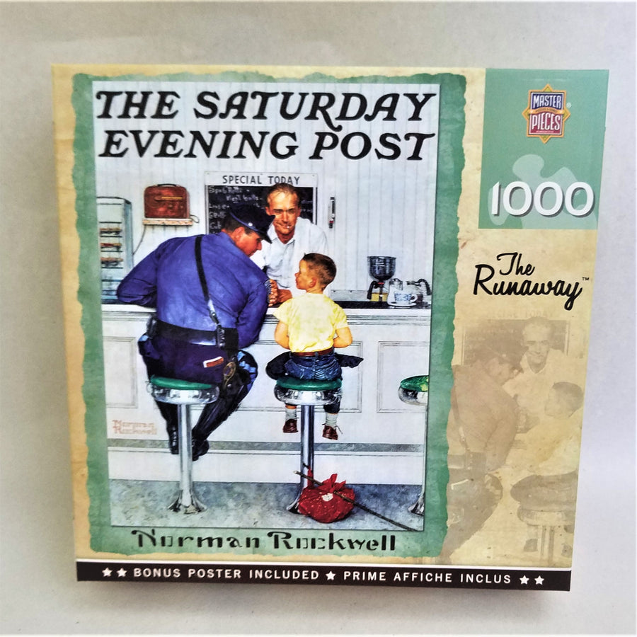 Box cover of 1000 piece puzzle: The Runaway. Norman Rockwell's cover of The Saturday Evening Post featuring an old-fashioned white lunch counter with the man behind it looking a a boy on a stool with a runaway pack on the floor facing left talking to a policeman seated next to him on a stool.