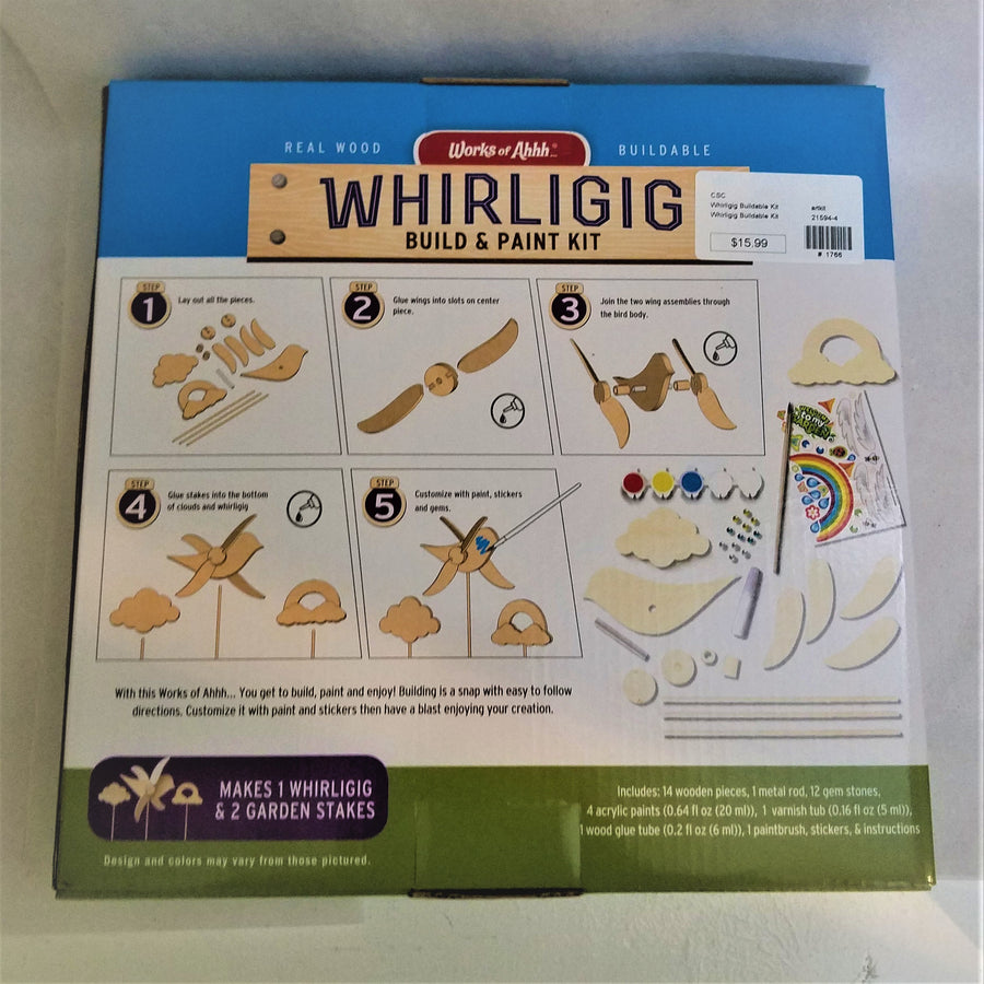 The back of the Whirligig Build & Paint Kit with 5 squares of diagramed instructions and a drawing of the pieces included in the kit
