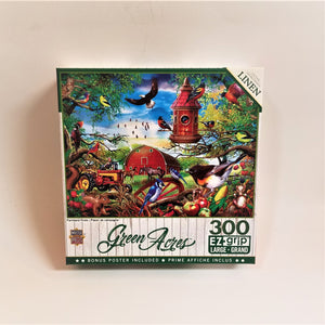 Front of 300 piece EZ-grip puzzle featuring a red barn and horses, all sorts of birds and other animals together with the farm vegetation.