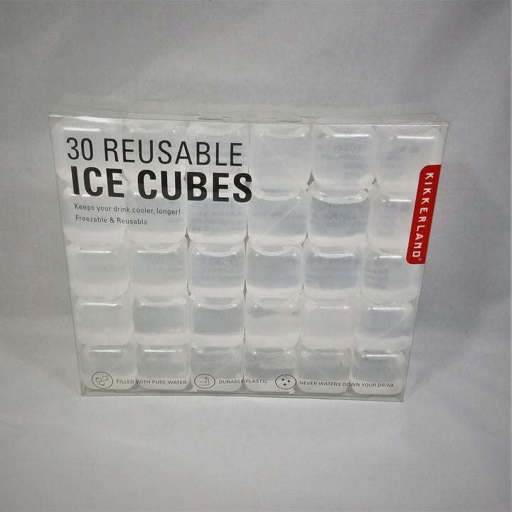 Clear packing of 30 Reusable Ice Cubes. Black type on packaging with white Kikkerland type on red side banner. Clear square cubes can be seen through the packaging.