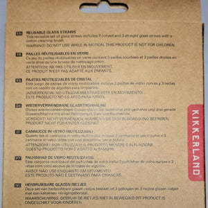 Back of the glass straw packaging box with a description of what's inside in 7 languages.