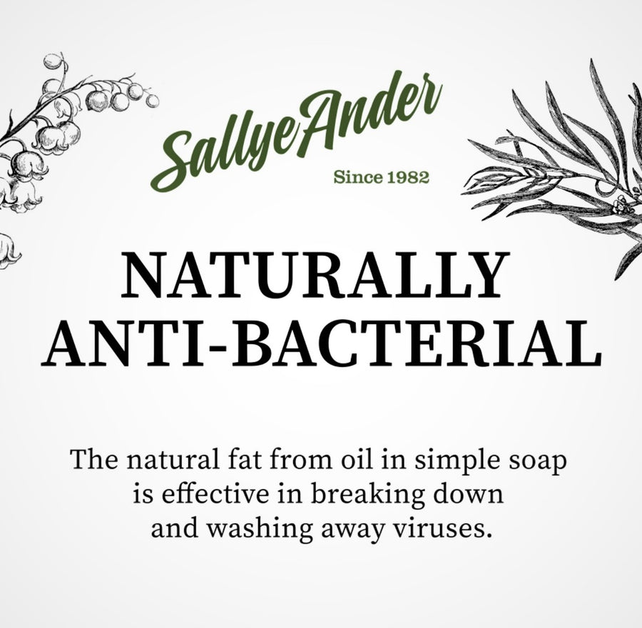 Features SallyeAnder logo and text about the anti-bacterial soap. 