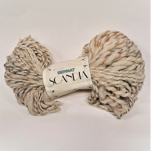One skein of yarn--cream-colored mesh with blacks, browns and gray strands Bernat Scandia label in the center.