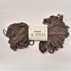 One skein of yarn--brown-colored mesh with some purples and burnt sienna colors coming through and the Bernat Scandia label in the center.