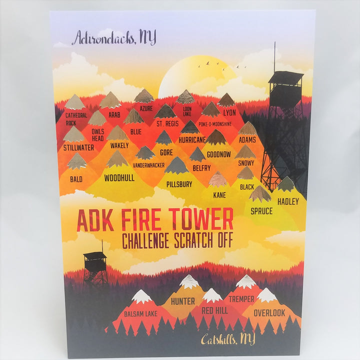 Red, orange and yellow pyramids topped with gold peaks representing Adirondack Fire Towers and whit peaks on the Catskill Fire Towers with a black illustration of a fire tower on the upper right side of the card