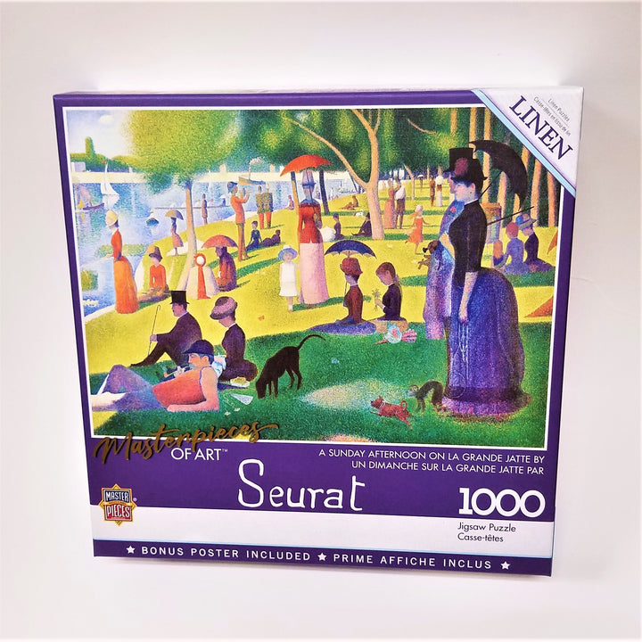 Puzzle box cover with purple and white outline around  the print of Seurat's "A Sunday Afternoon on the Island of La Grande Jatte."  White text describes product features.