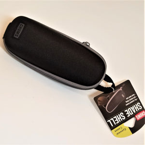 Black sunglass case all zipped p with gray zip trim and the label town and right in the frame.