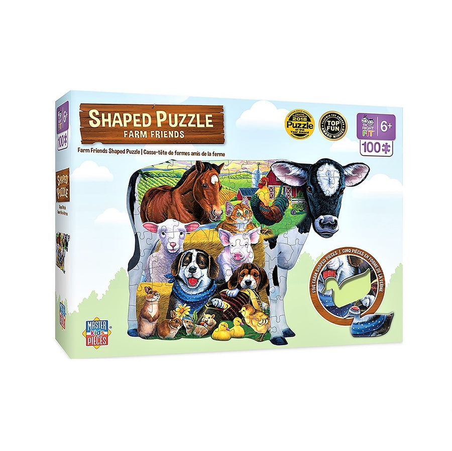 Cover of a Shaped Puzzle of Farm Friends. 100 pieces with cow-shaped image with various farm animals and barn in the cow shape.