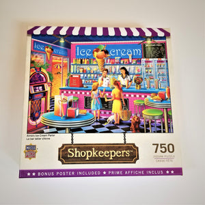 Puzzle box cover with colorful scene in an old-fashioned ice cream shop on top. Lots of pinks and blues--a jukebox on the left, blue tables with green-topped stools, dogs, children, and wait staff. Below the scene is a sign that says Shopkeepers; 750 jigsaw puzzle and a line about the bonus poster included.
