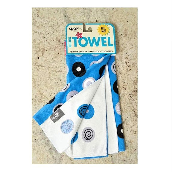 Blue Skoy dishtowel flipped back to show that it is reversible--white on the inside with blue colored circles.