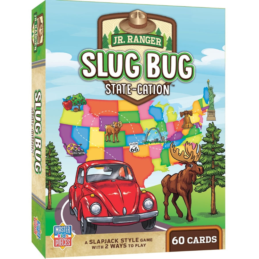 Cover of Jr. Ranger Slug Bug State-Cation Card Game depicts a colorful map of the USA with iconic images placed on some of the state; a red Volks bug, a moose and two pine trees.
