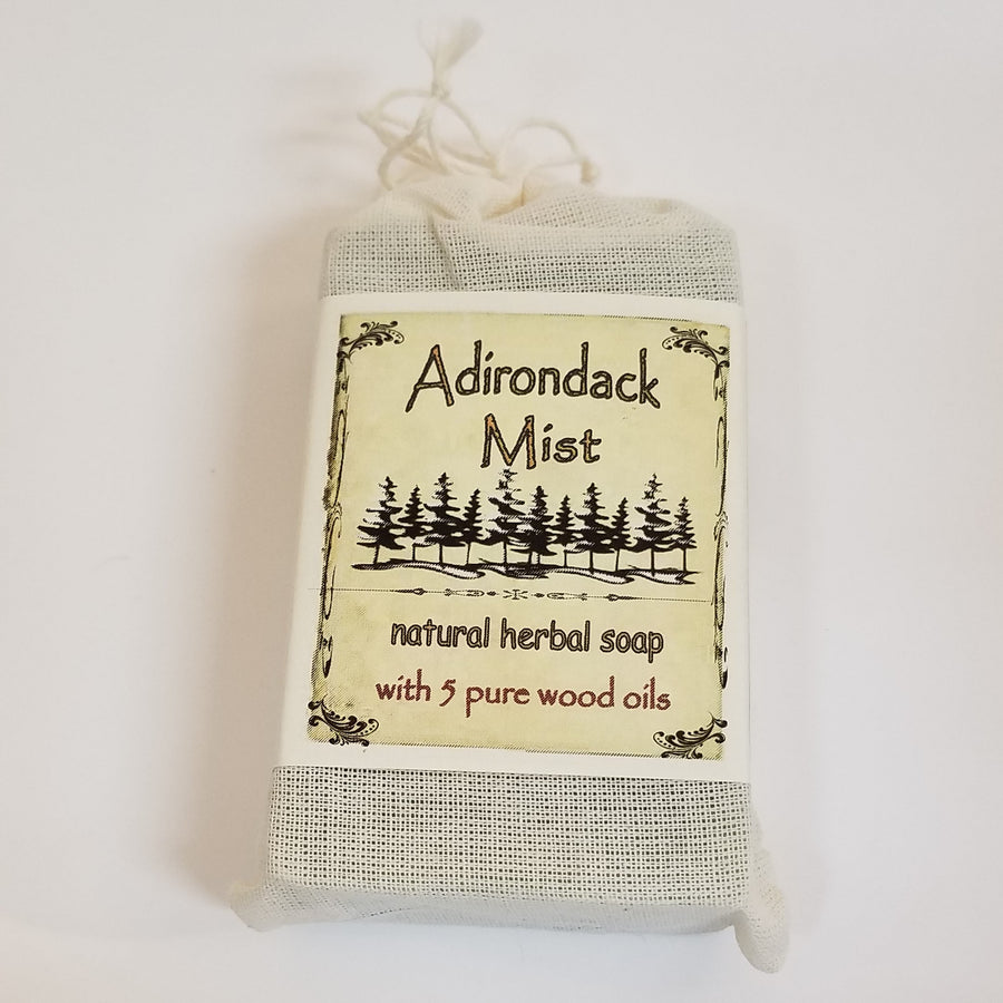 Faux-canvas bag of Adirondack Mist, natural herbal soap with 5 pure wood oils
