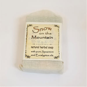 Faux-canvas bag of Snow on the Mountain, natural herbal soap with pure spearmint and eucalyptus oils