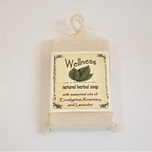 Faux-canvas bag of Wellness, natural herbal soap with essential oils of eucalyptus. rosemary and lavendar