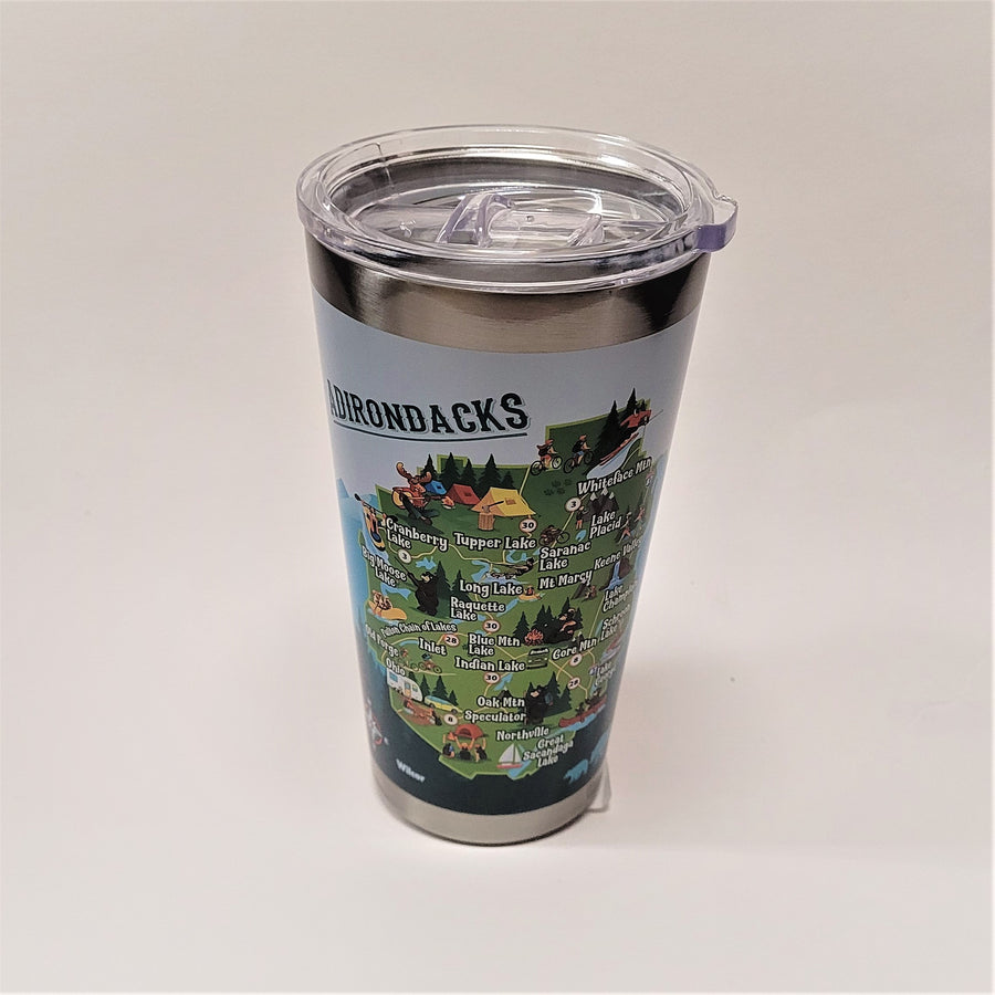 The iconic Adirondack fun map is featured on a standing travel cup.  The cup is tall and cone-shaped with the widest part at the top.  Trimmed with a silver band at top and bottom and closed with clear round cover.