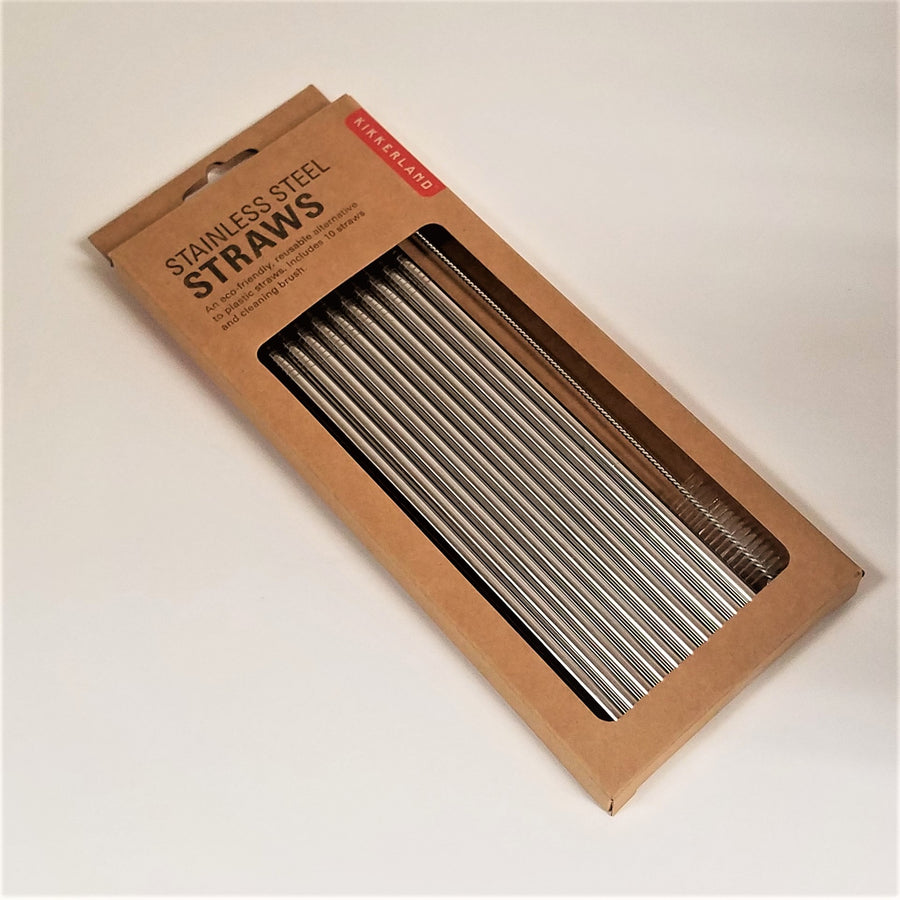 Stainless steel straws in their packaging box, with straws and cleaner showing through the box window.