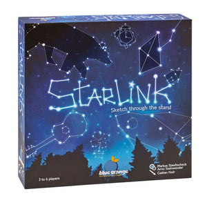 Square boxed StarLink sketch game. Box has blue night sky with stars and lines connecting stars to make shapes. White type on the bottom over black outline of forest.
