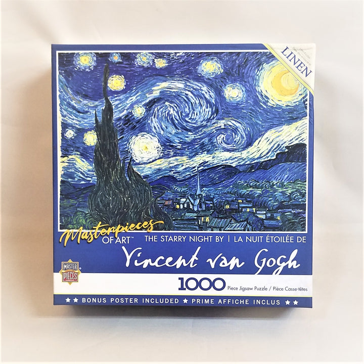 Box cover of 1000 piece jigsaw puzzle depicting Vincent van Gogh's Starry Night. Lots of blues and golds in Van Gogh's distinct style.