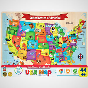 Front of the United States Map puzzle. Brightly colored, every state is clearly delineated with iconic images depicted on every state.