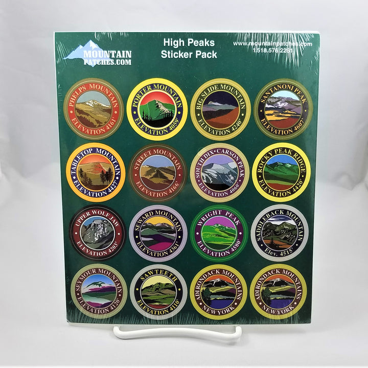 The first page of the High Peaks Sticker Pack displayed in full color, 4 rows of 4 stickers per row.