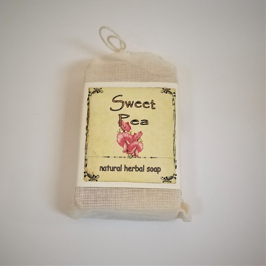 Faux-canvas bag of Sweet Pea, natural herbal soap