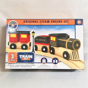 Cover of box for wooden train set. 3 cars painted with black yellow and red and an old-fashioned lamppost take up the center. There is a wooden track below the train.
