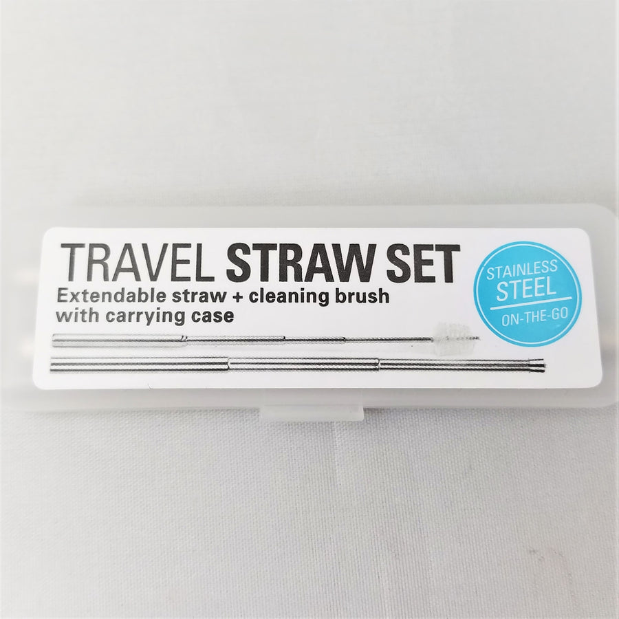Top of Travel Straw carrying case with white label and graphic of the straw and cleaner inside.