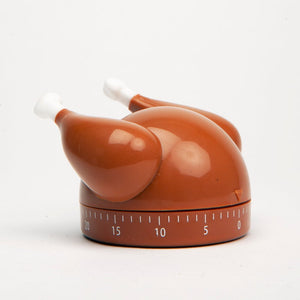 The turkey kitchen timer out of the box with drumsticks pointing toward the back. The round timer bottom has is showing 20, 15, 10, 5 and 0 in white lettering with lines in between for the missing digits.