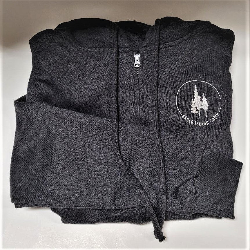 Gray Eagle Island Hoodie, folded with long sleeve under hoodie string ties. White Eagle Island logo on top right.